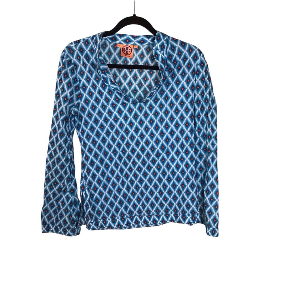Tory Burch Women Tunic blouse blue & white geometric diamond pattern Sz.2